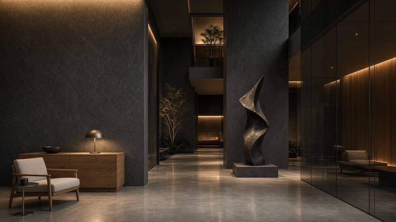 NORU lobby atrium with oak, stone, and contemporary sculpture