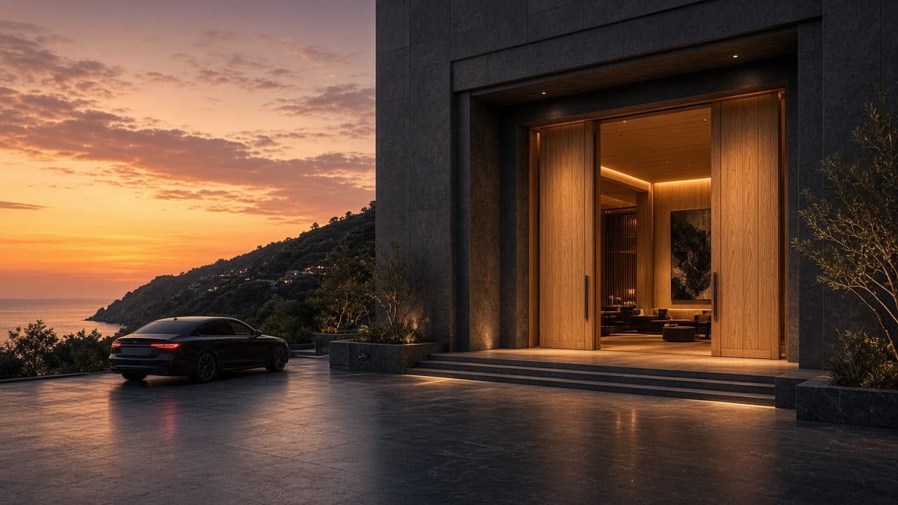 NORU monumental stone entrance at dusk with warm interior light